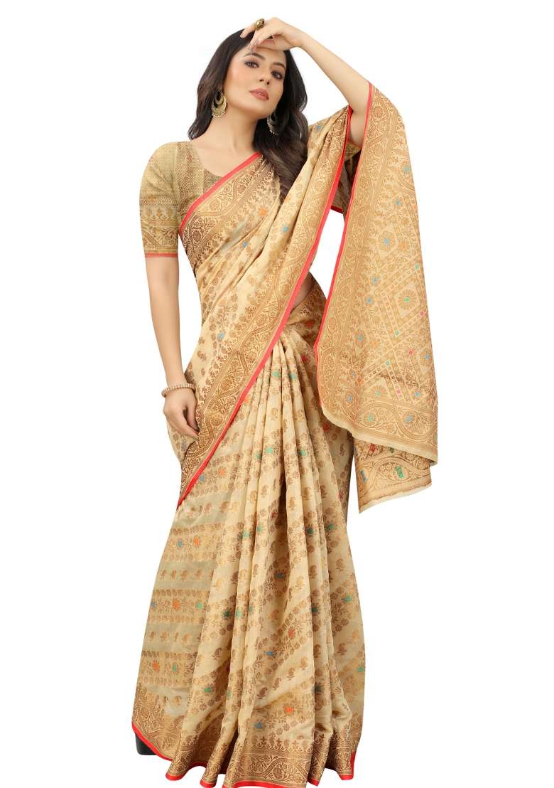 Cream Solid Cotton Blend Saree Set - Indya