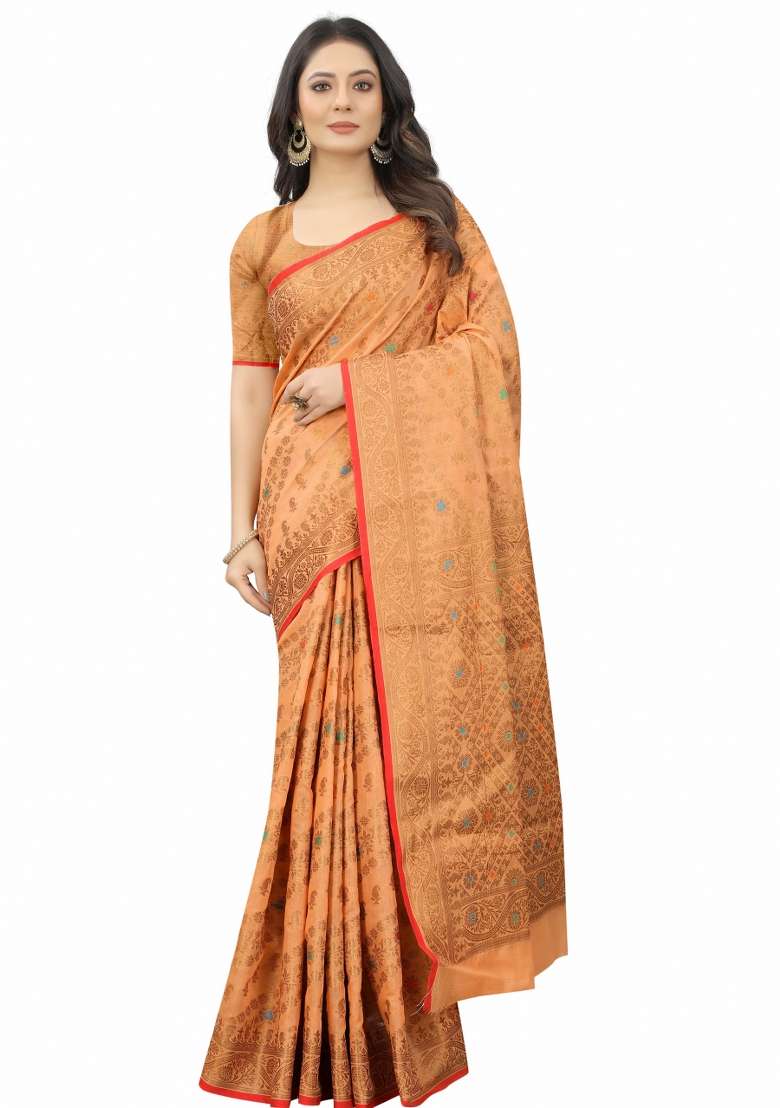 Peach Solid Cotton Blend Saree Set - Indya