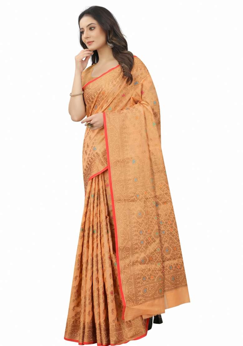 Peach Solid Cotton Blend Saree Set - Indya