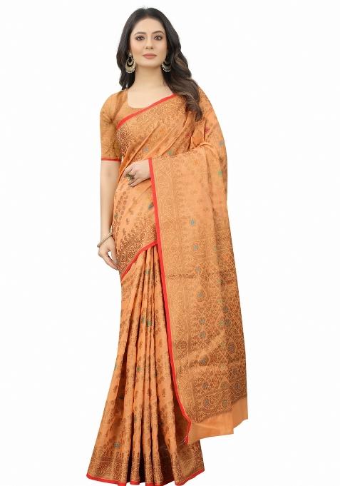 Peach Solid Cotton Blend Saree Set