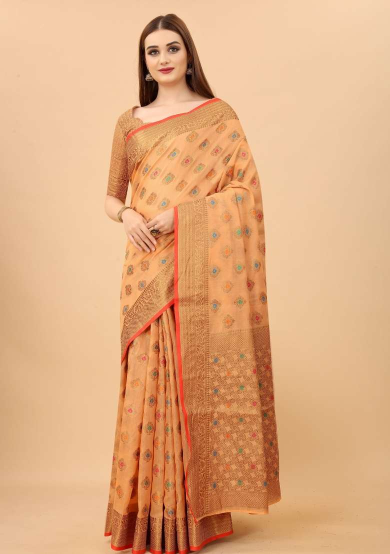 Peach Solid Cotton Blend Saree Set - Indya