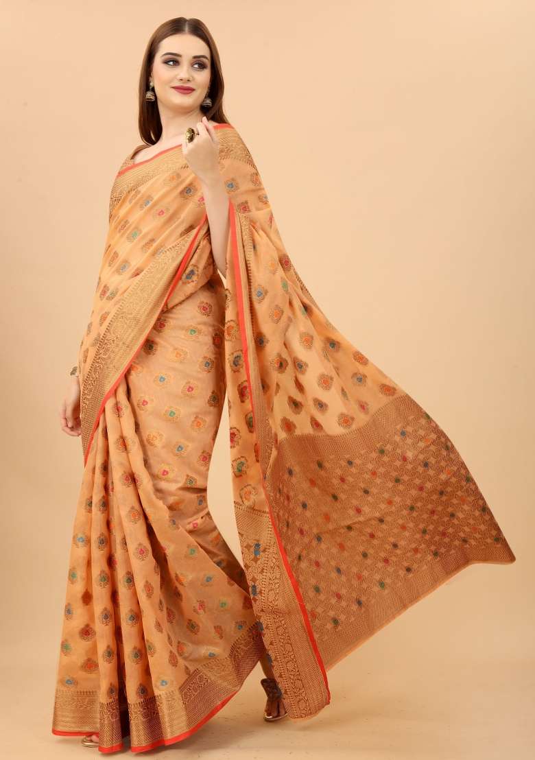 Peach Solid Cotton Blend Saree Set - Indya