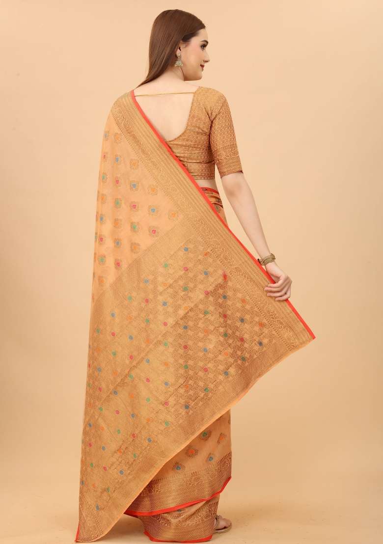 Peach Solid Cotton Blend Saree Set - Indya