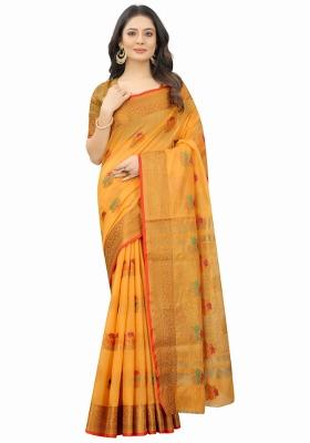 Yellow Solid Cotton Blend Saree Set