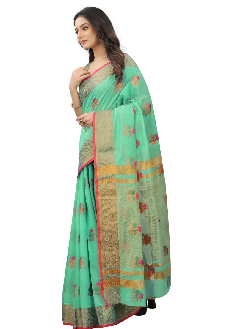 Firozi Solid Cotton Blend Saree Set - Indya