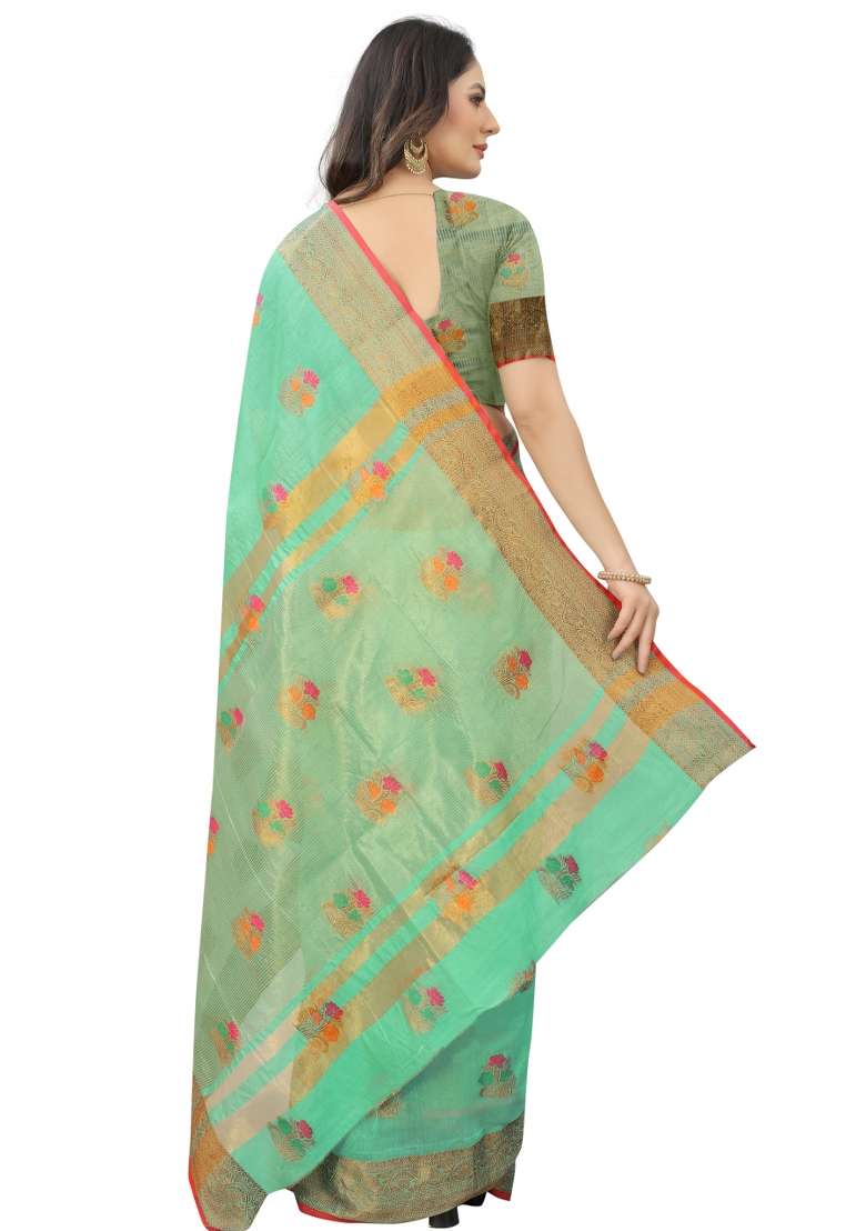 Firozi Solid Cotton Blend Saree Set - Indya