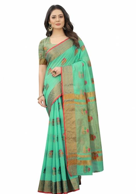 Firozi Solid Cotton Blend Saree Set
