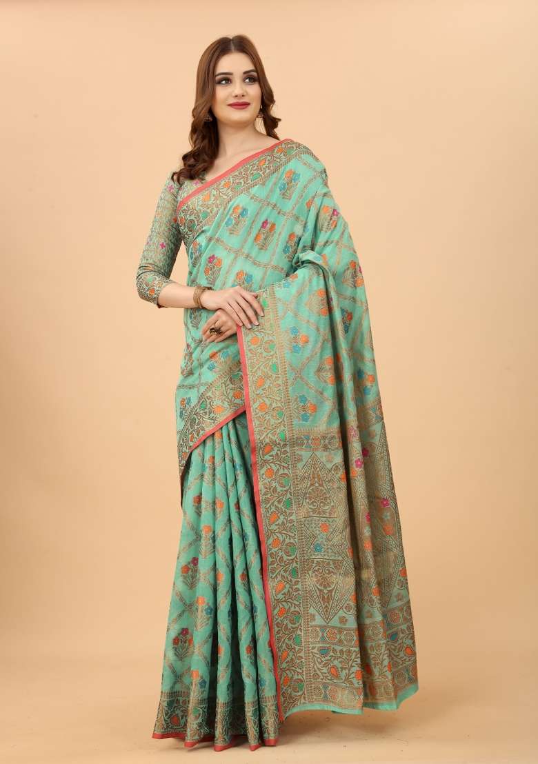 Firozi Solid Cotton Blend Saree Set - Indya