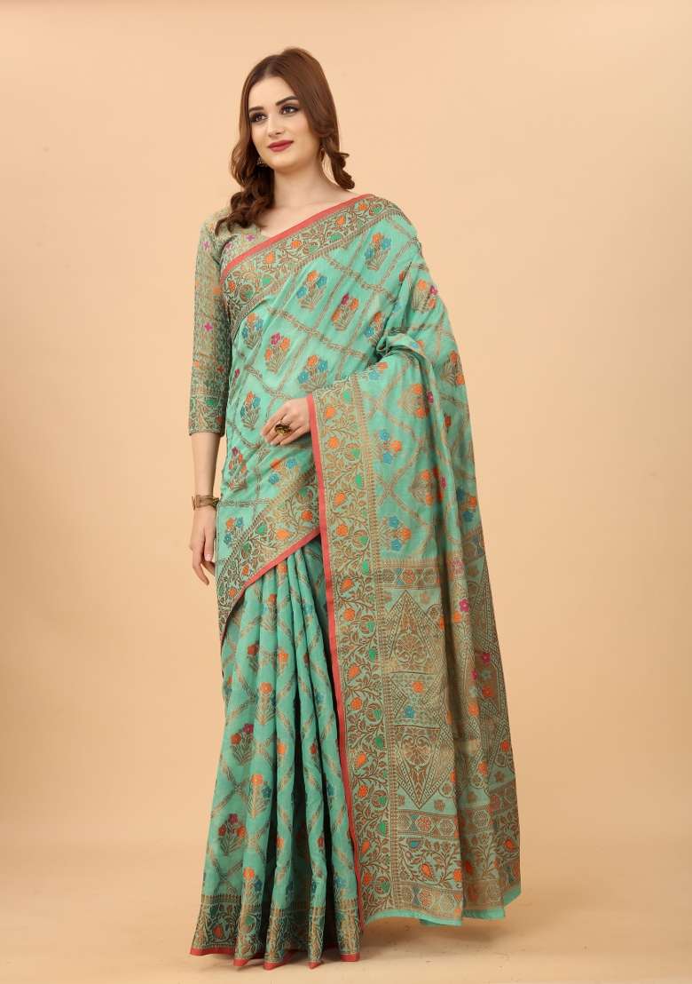 Firozi Solid Cotton Blend Saree Set - Indya