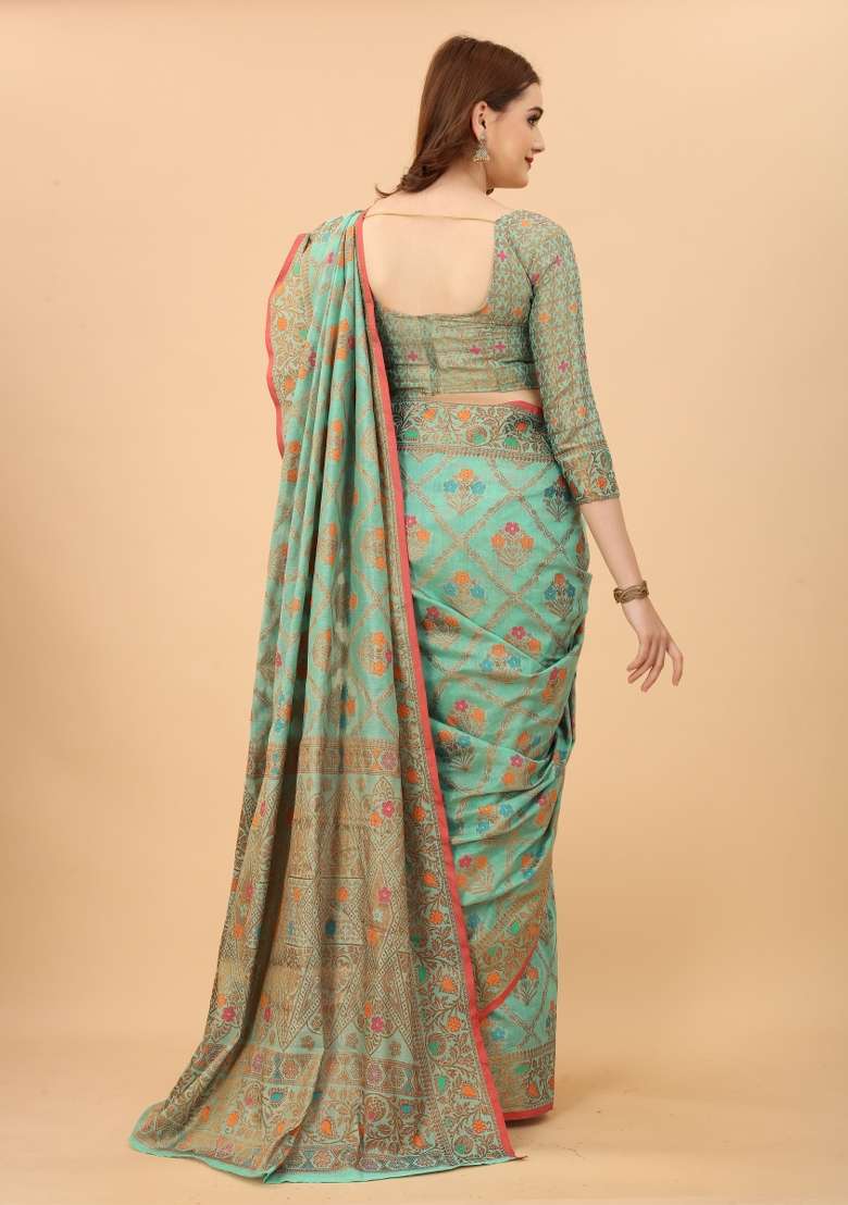 Firozi Solid Cotton Blend Saree Set - Indya
