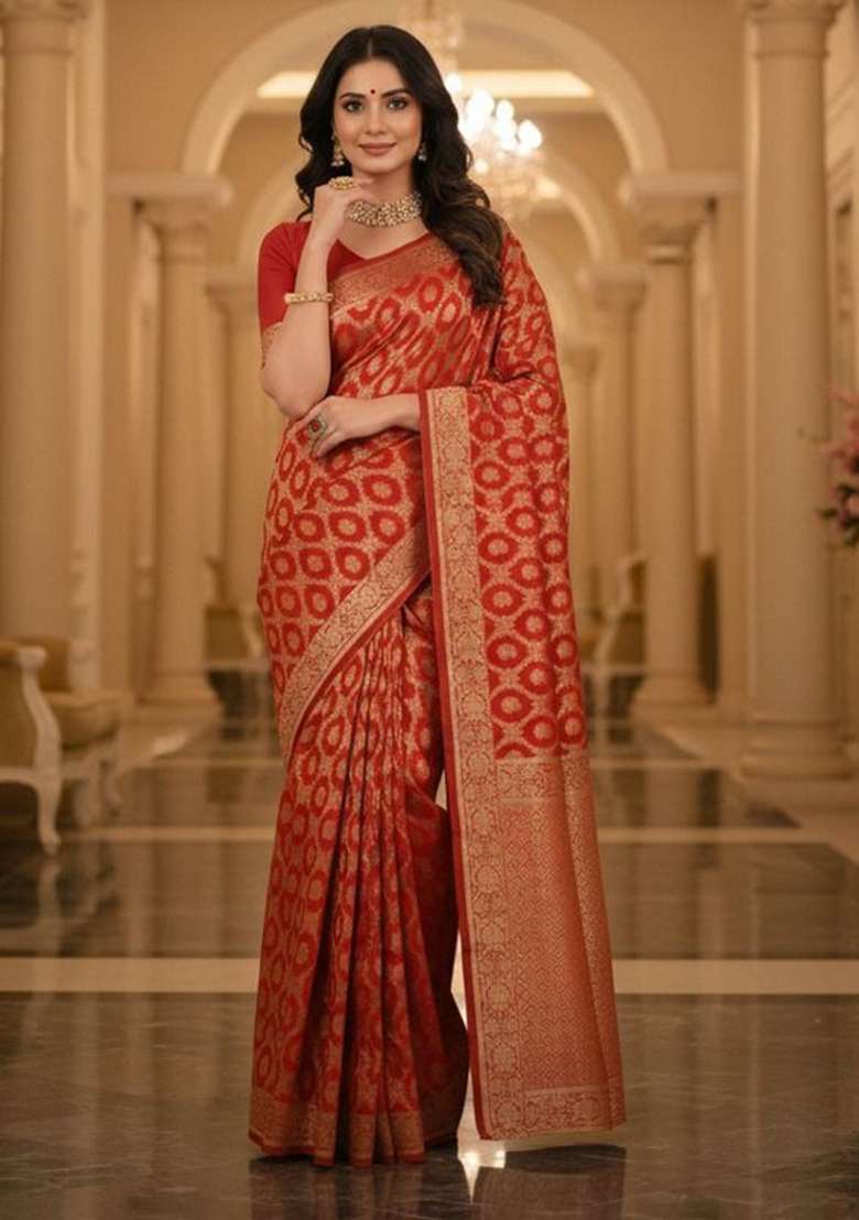 Multi Color Solid Silk Blend Saree Set for Diwali | Wedding & Festive Wear - Indya