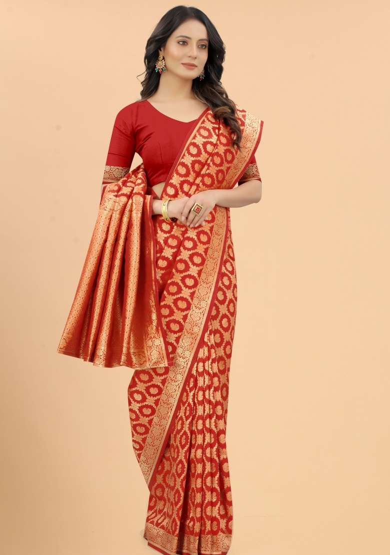 Multi Color Solid Silk Blend Saree Set for Diwali | Wedding & Festive Wear - Indya