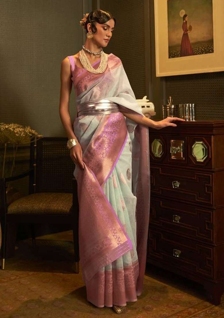 Multi Color Solid Cotton Blend Saree Set for Diwali and Festive Wear - Indya