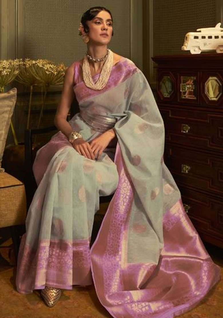 Multi Color Solid Cotton Blend Saree Set for Diwali and Festive Wear - Indya
