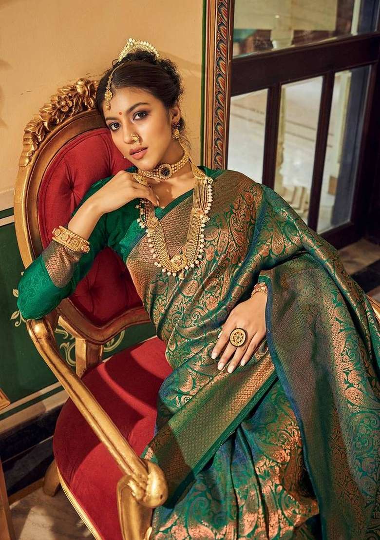 Multi Color Solid Silk Blend Saree Set for Diwali | Wedding & Festive Wear - Indya