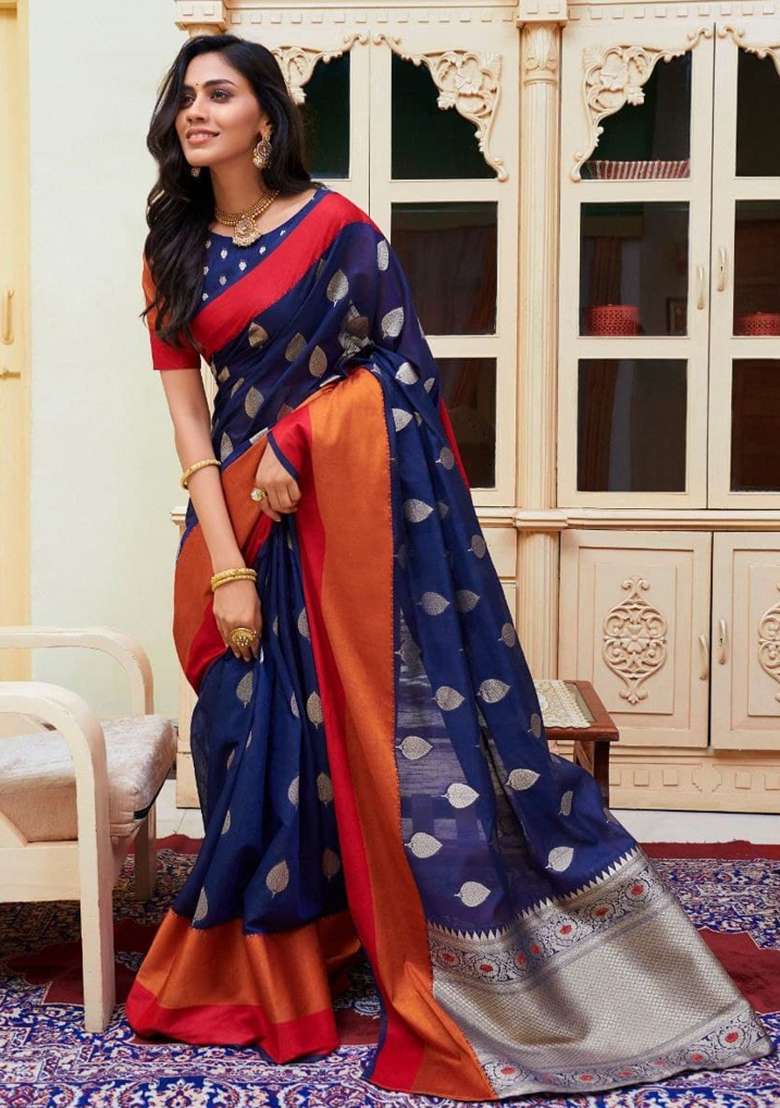 Multi Color Solid Blend Cotton Saree Set for Diwali | Wedding & Festive Wear - Indya