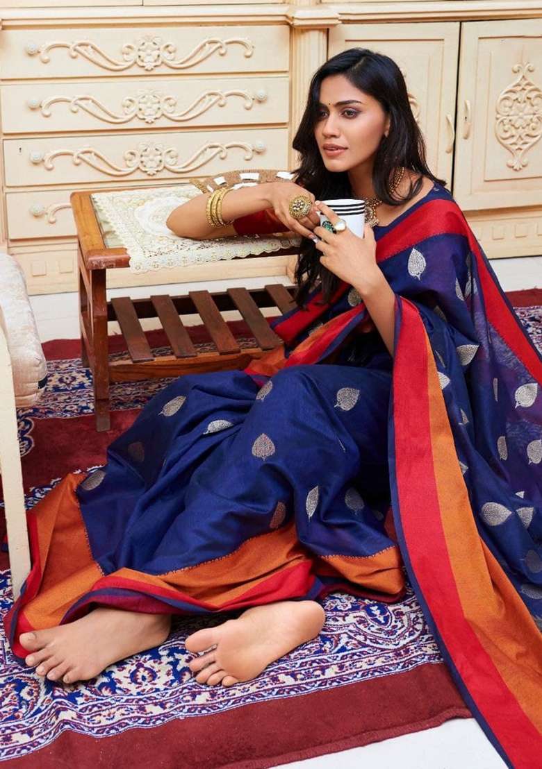Multi Color Solid Blend Cotton Saree Set for Diwali | Wedding & Festive Wear - Indya