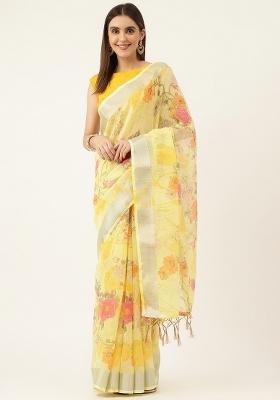 Multi Color Solid Linen Saree Set