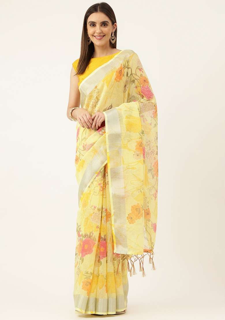 Multi Color Solid Linen Saree Set - Indya