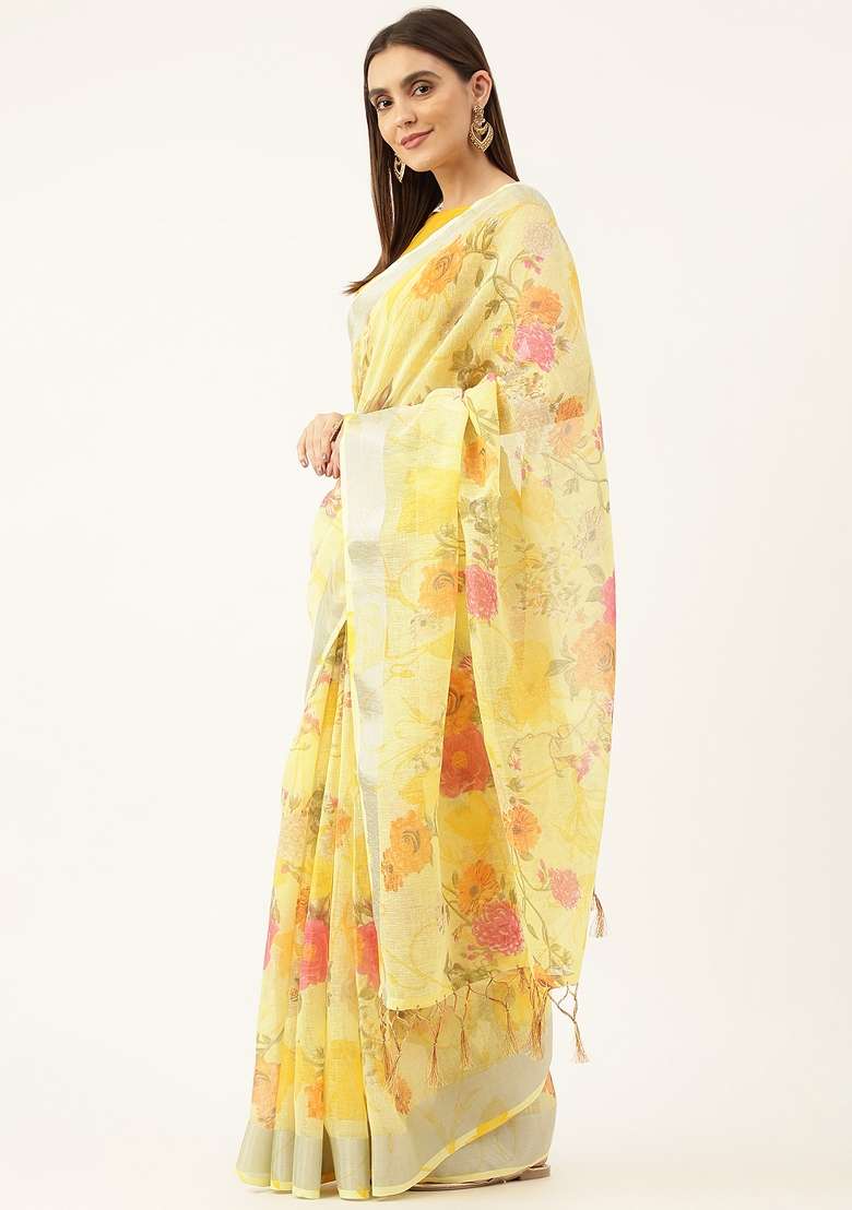 Multi Color Solid Linen Saree Set - Indya