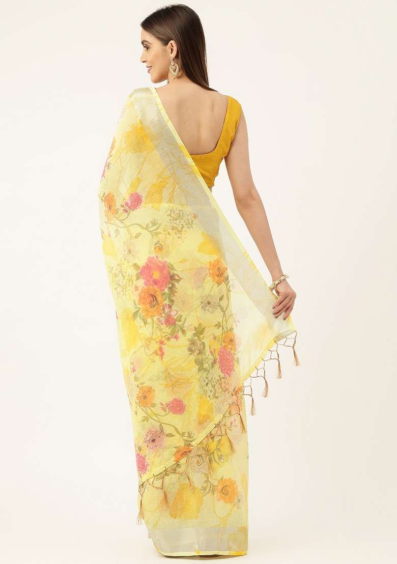 Multi Color Solid Linen Saree Set - Indya