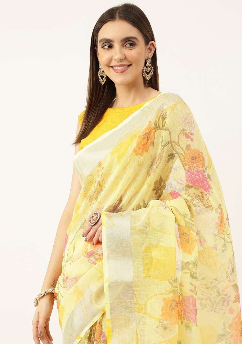 Multi Color Solid Linen Saree Set - Indya