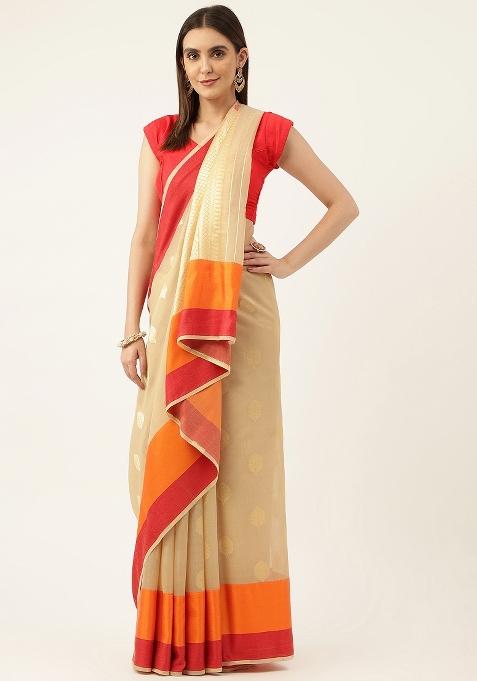 Multi Color Solid Silk Saree Set
