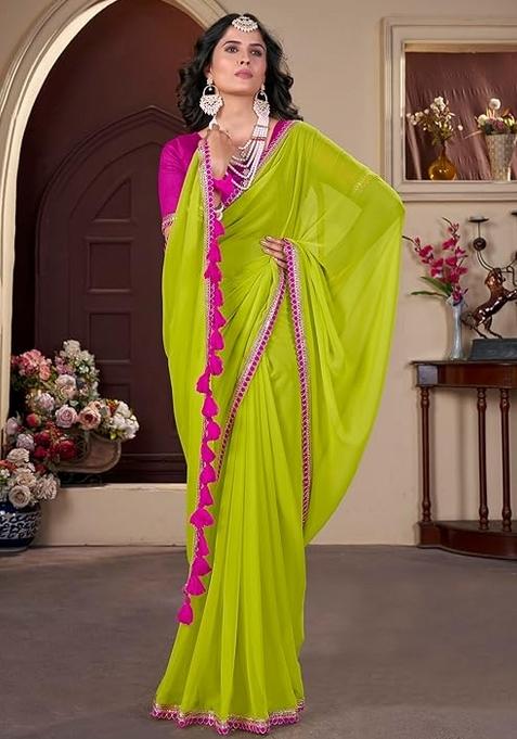 Multi Color Solid Georgette Saree Set