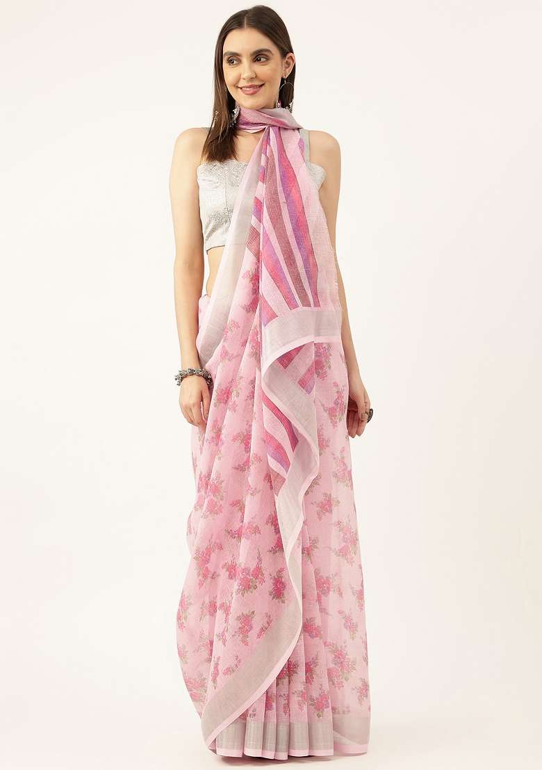 Multi Color Solid Linen Saree Set - Indya