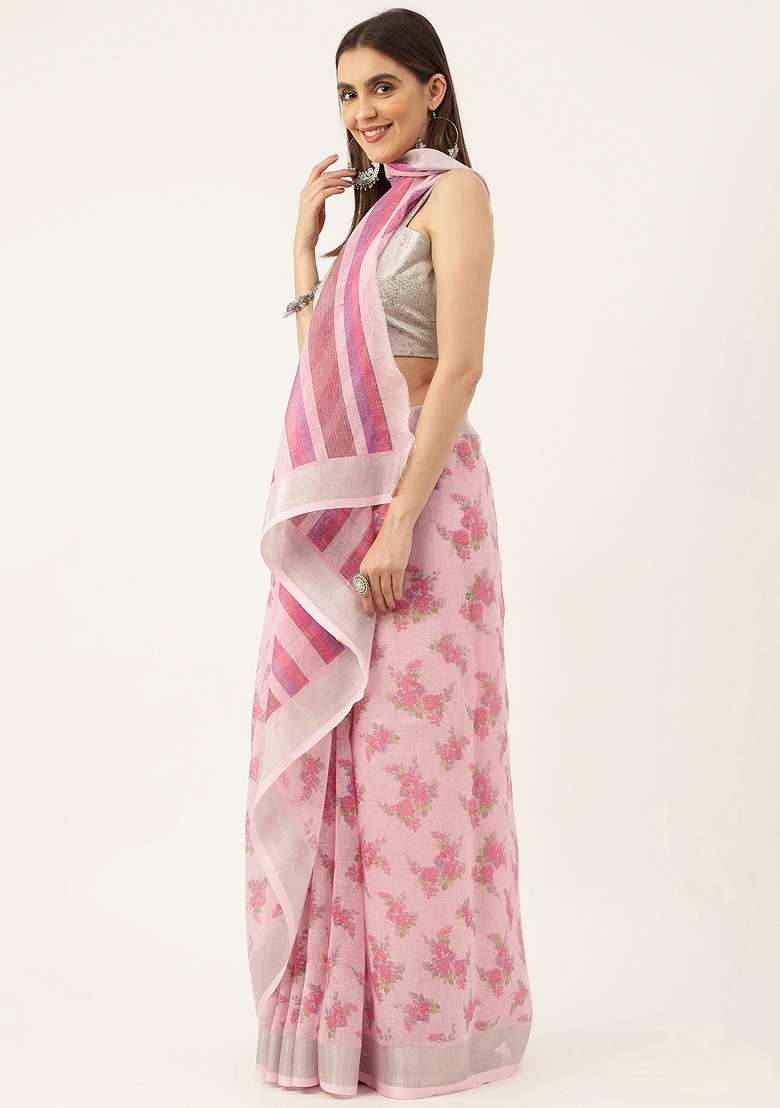 Multi Color Solid Linen Saree Set - Indya