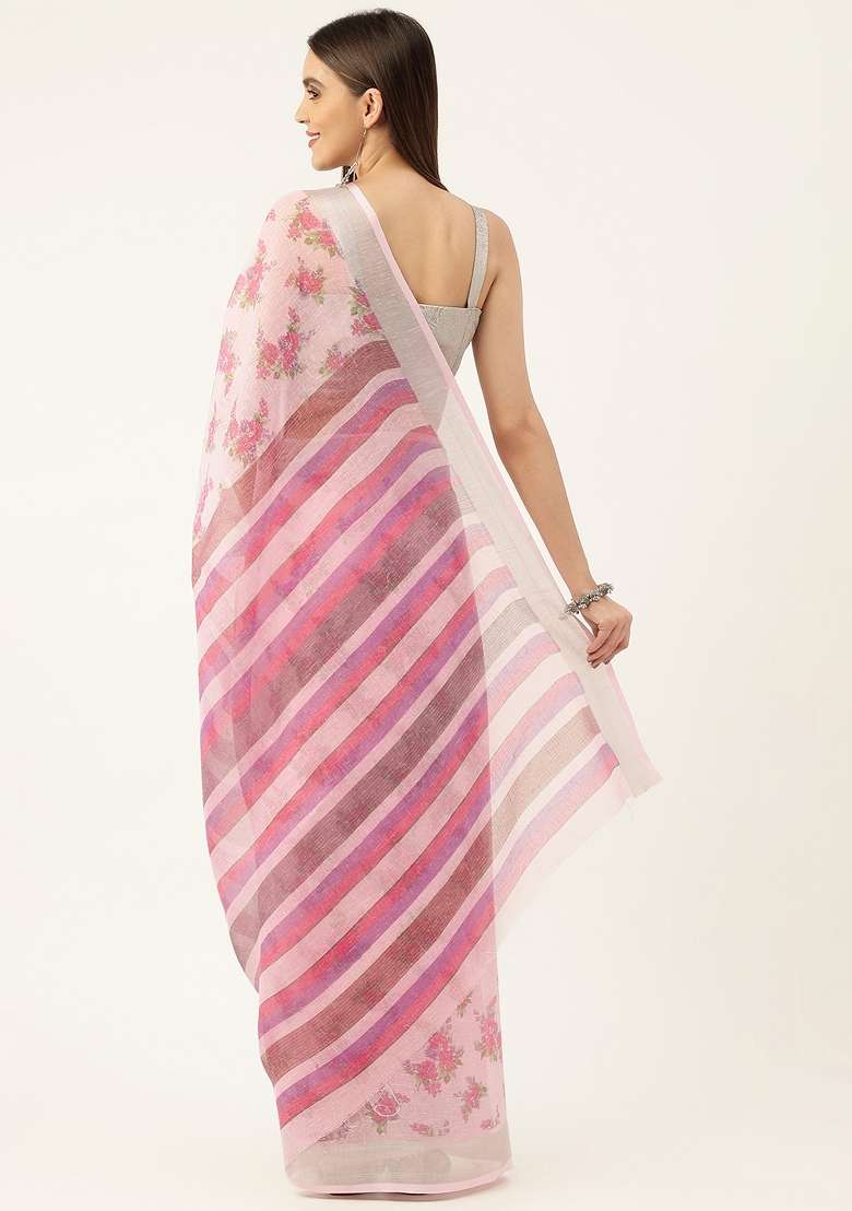 Multi Color Solid Linen Saree Set - Indya