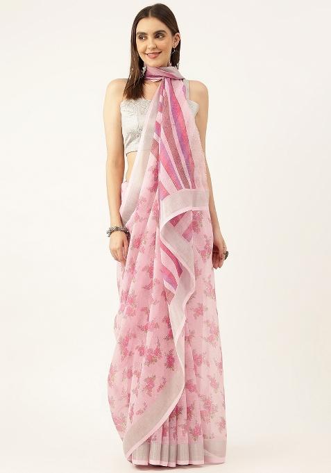 Multi Color Solid Linen Saree Set