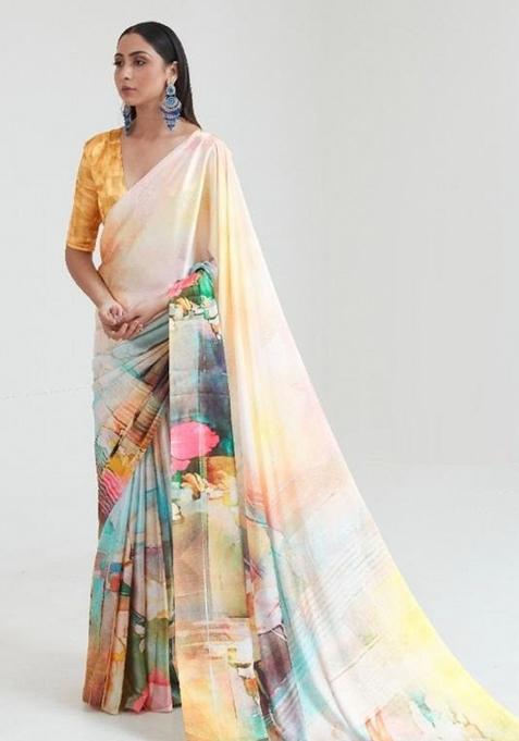 Multi Color Solid Satin Saree Set