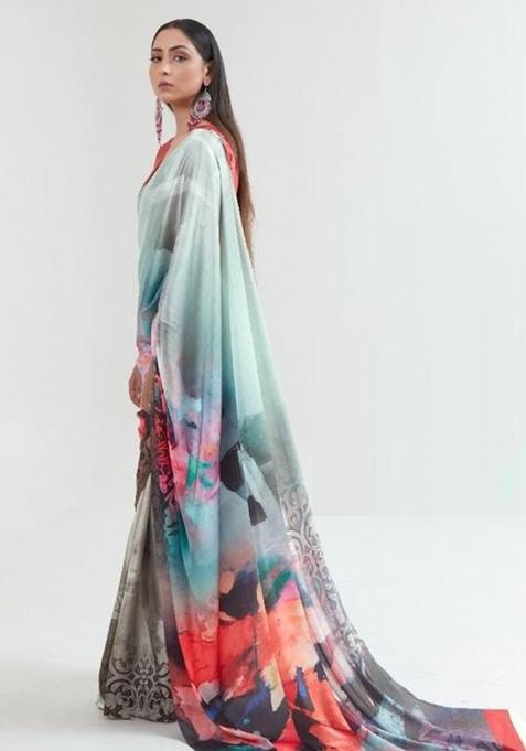 Multi Color Solid Satin Saree Set