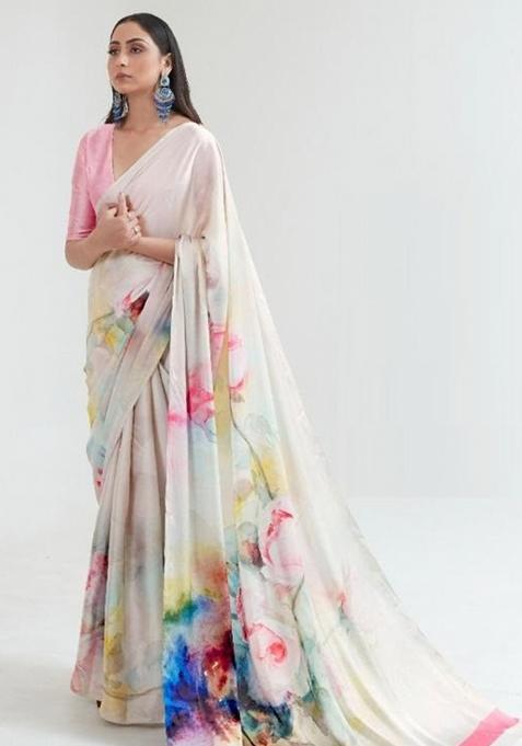 Multi Color Solid Satin Saree Set