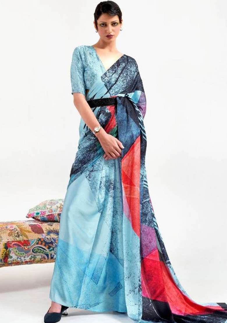 Multi Color Solid Satin Saree Set for Diwali | Wedding & Festive Wear - Indya