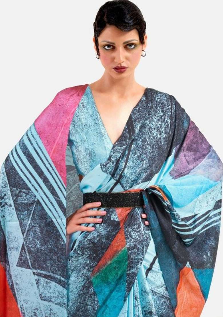 Multi Color Solid Satin Saree Set for Diwali | Wedding & Festive Wear - Indya