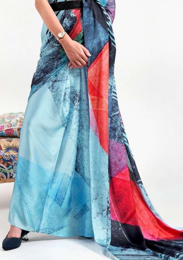 Multi Color Solid Satin Saree Set for Diwali | Wedding & Festive Wear - Indya