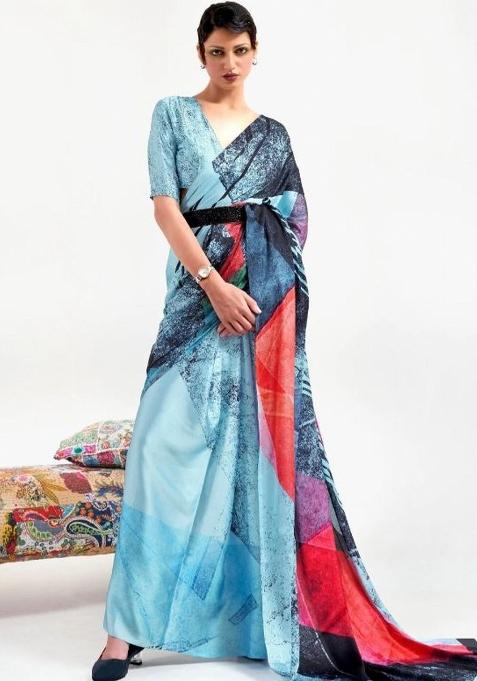 Multi Color Solid Satin Saree Set