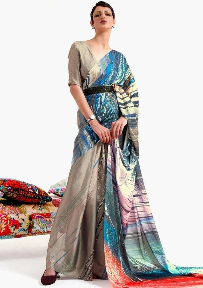 Multi Color Solid Satin Saree Set for Diwali and Festive Wear - Indya