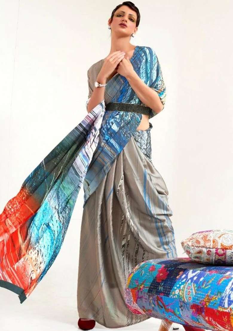 Multi Color Solid Satin Saree Set for Diwali and Festive Wear - Indya