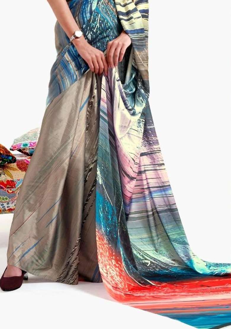 Multi Color Solid Satin Saree Set for Diwali and Festive Wear - Indya