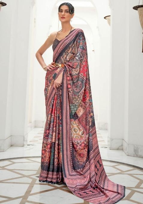 Multi Color Solid Satin Saree Set