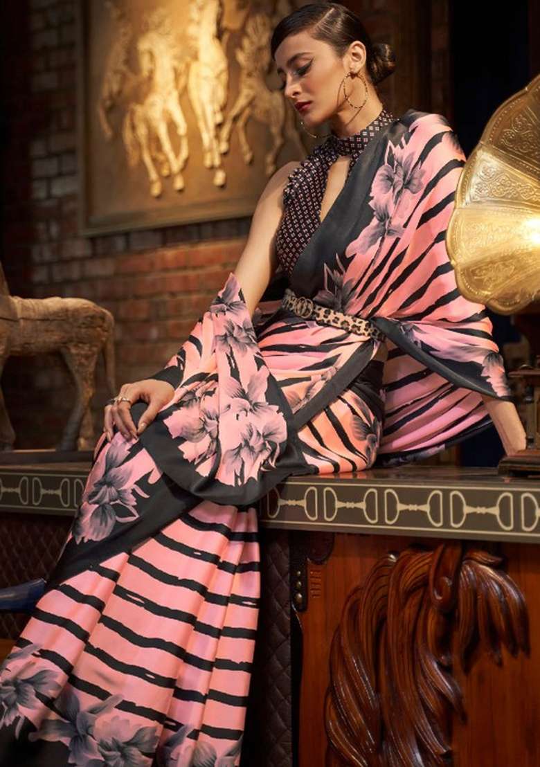 Multi Color Solid Satin Saree Set for Diwali | Wedding & Festive Wear - Indya