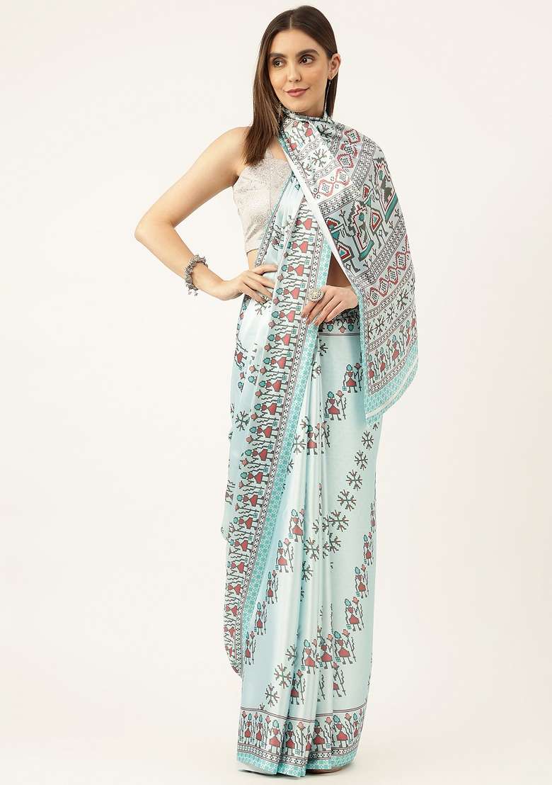 Multi Color Solid Satin Saree Set - Indya