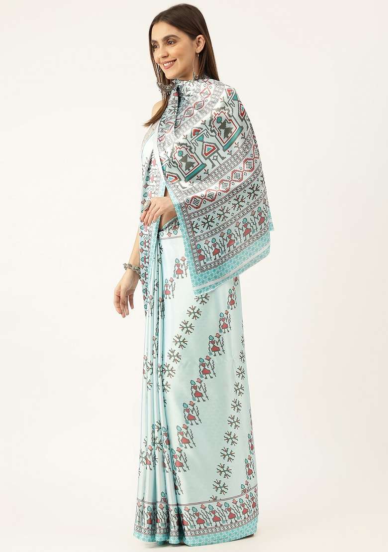 Multi Color Solid Satin Saree Set - Indya
