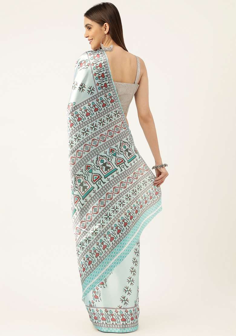Multi Color Solid Satin Saree Set - Indya