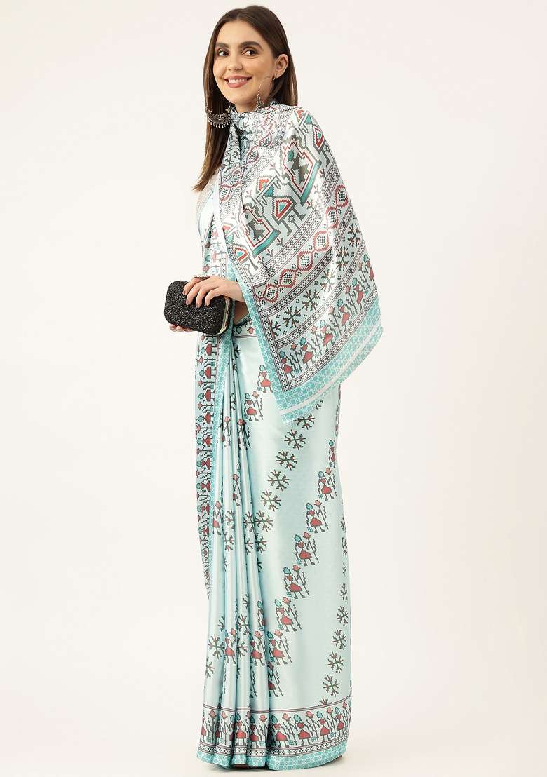 Multi Color Solid Satin Saree Set - Indya