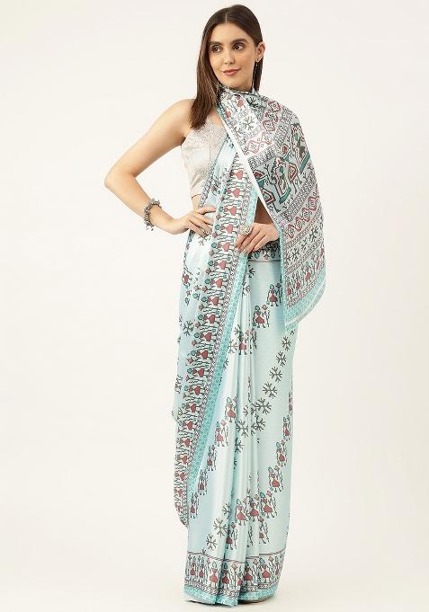 Multi Color Solid Satin Saree Set