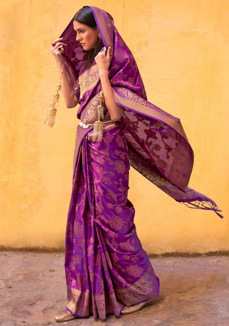 Multi Color Solid Silk Blend Saree Set for Diwali and Festive Wear - Indya